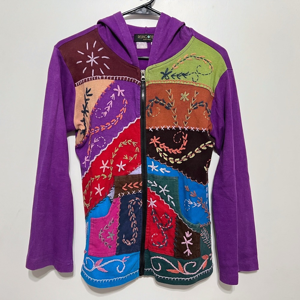 Y2K‎ Rising Tide Patchwork Hoodie Size M Purple Embroidered Zip Up Boho Festival